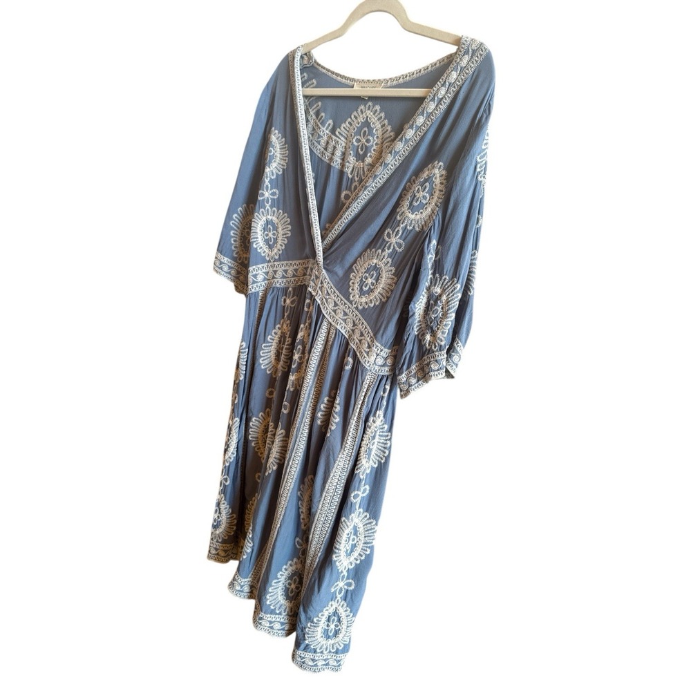 Solitaire Swim Coverup Boho Dress Blue Ivory Embroidery‎ Size Large Beach Resort